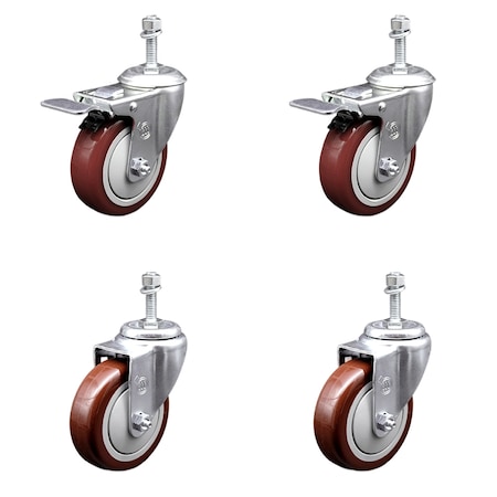 Service Caster 4 Inch Maroon Polyurethane Swivel 3/8 Inch Stem Caster Total Lock Brake, 2PK SCC-TSTTL20S414-PPUB-MRN-381615-2-S2